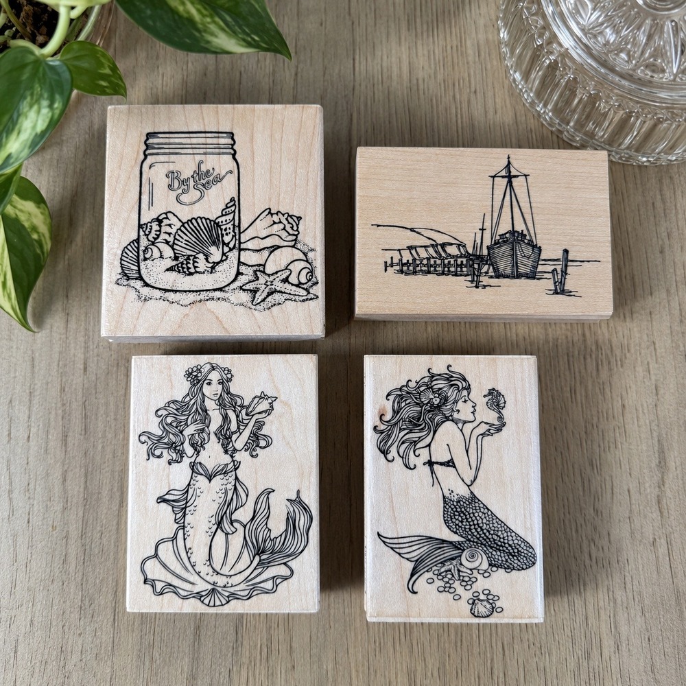 Vintage Mermaid Nautical Rubber Stamp Lot 4 Wood Mount Coastal Sea Crafts